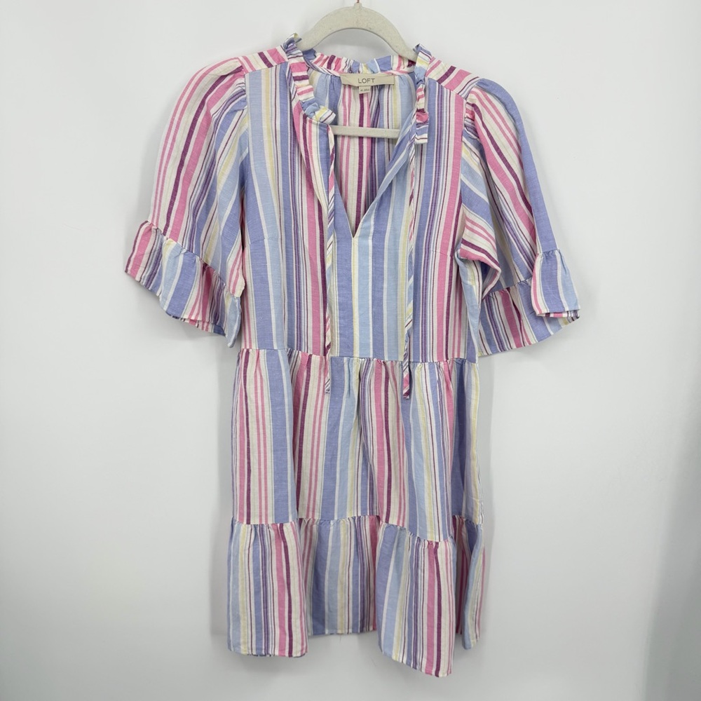 Loft striped‎ ruffle tie-neck tiered swing dress pink blue white sz XS